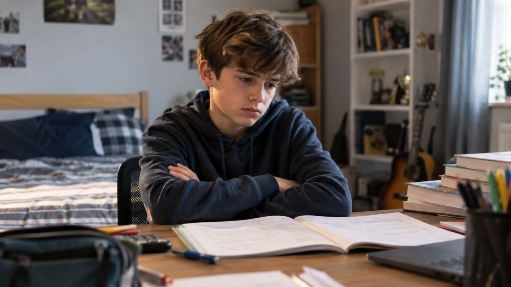 Ragazzo di circa 13 anni seduto alla scrivania della sua cameretta con le braccia conserte e lo sguardo triste davanti ai compiti.