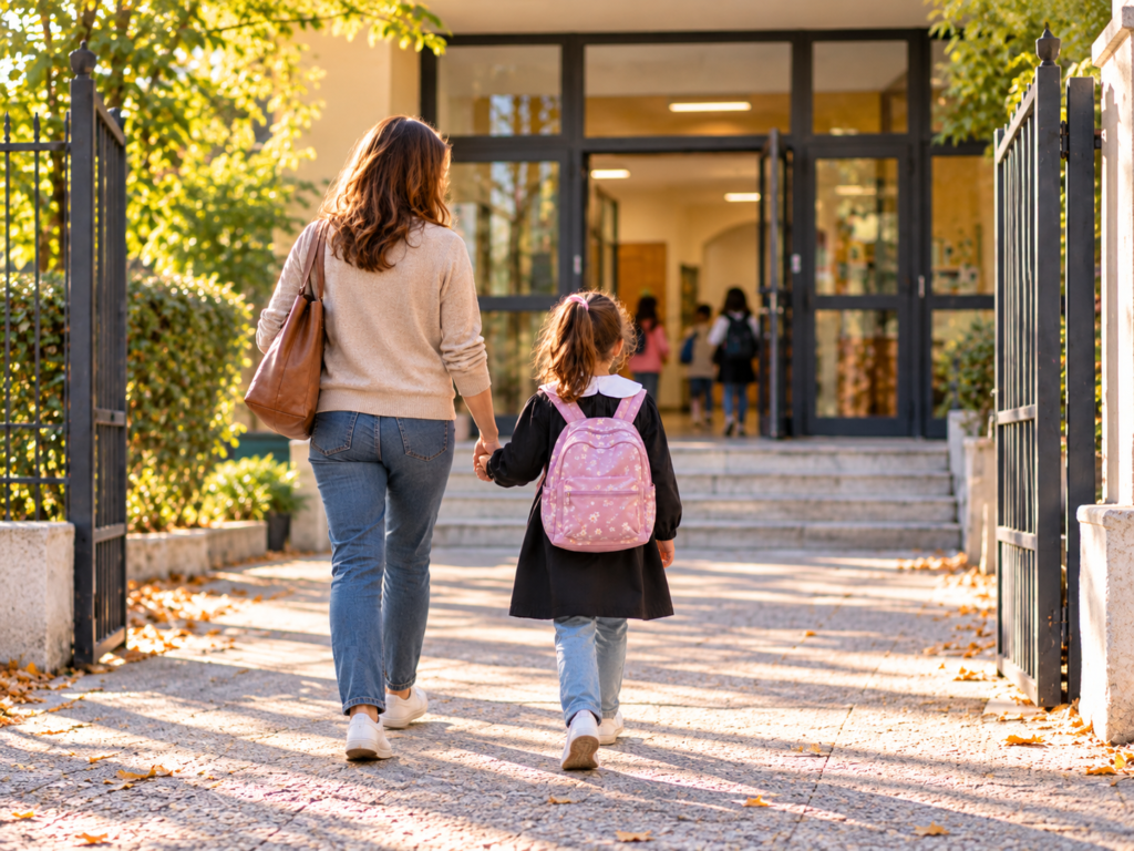 Madre e bambina entrano insieme a scuola primaria